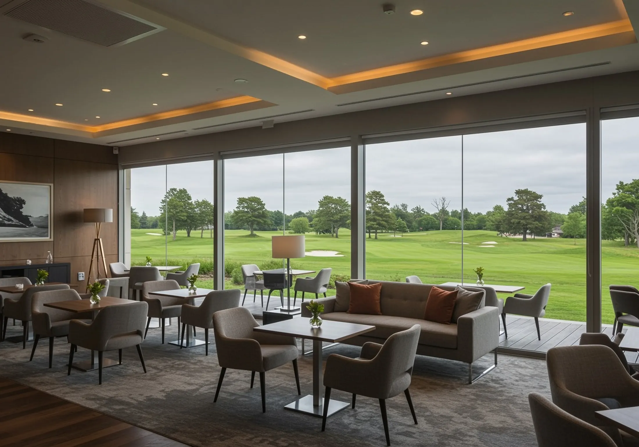 A modern clubhouse lounge with full-height windows onto the course