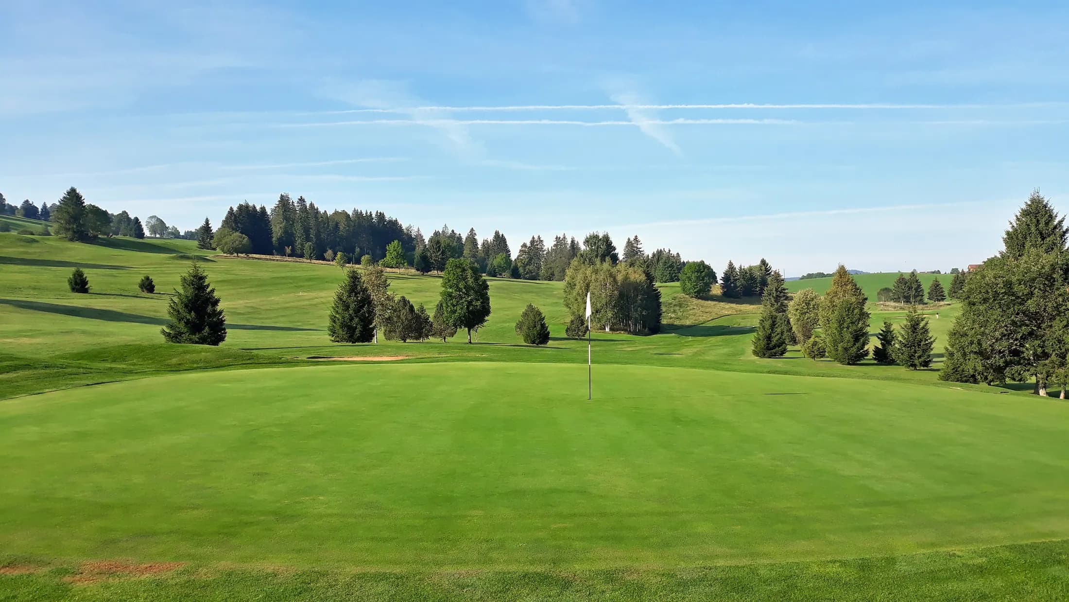 A closely-mown putting green with the flag in, rolling countryside beyond