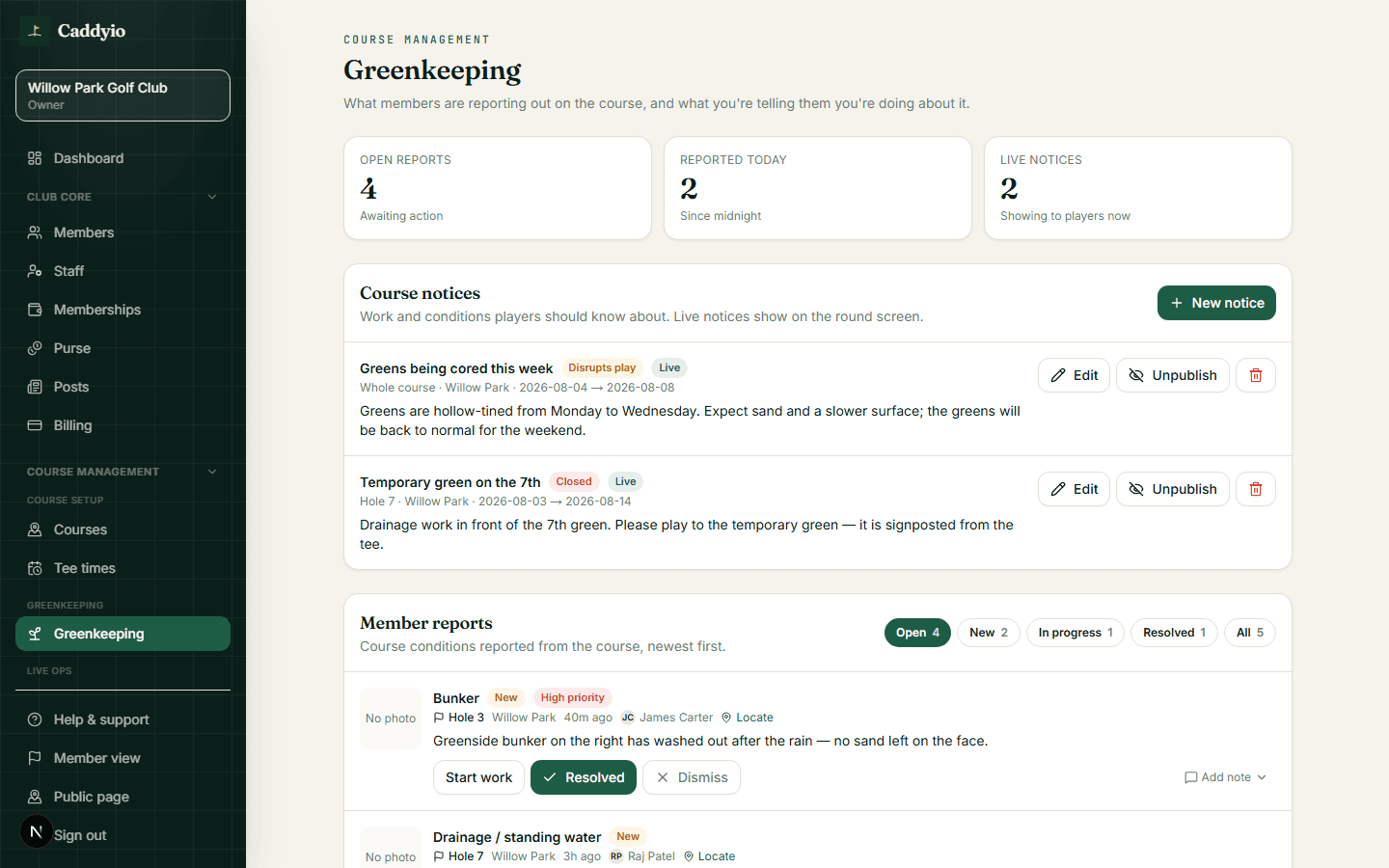 The greenkeeping triage queue: member-reported course issues with photos, holes and locations