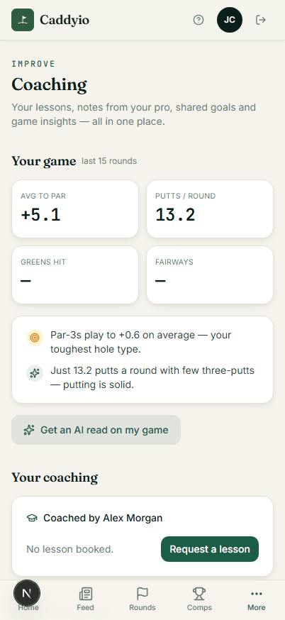 Member coaching screen: game stats, AI insights on your toughest hole type, an AI read on your game, and your assigned club pro