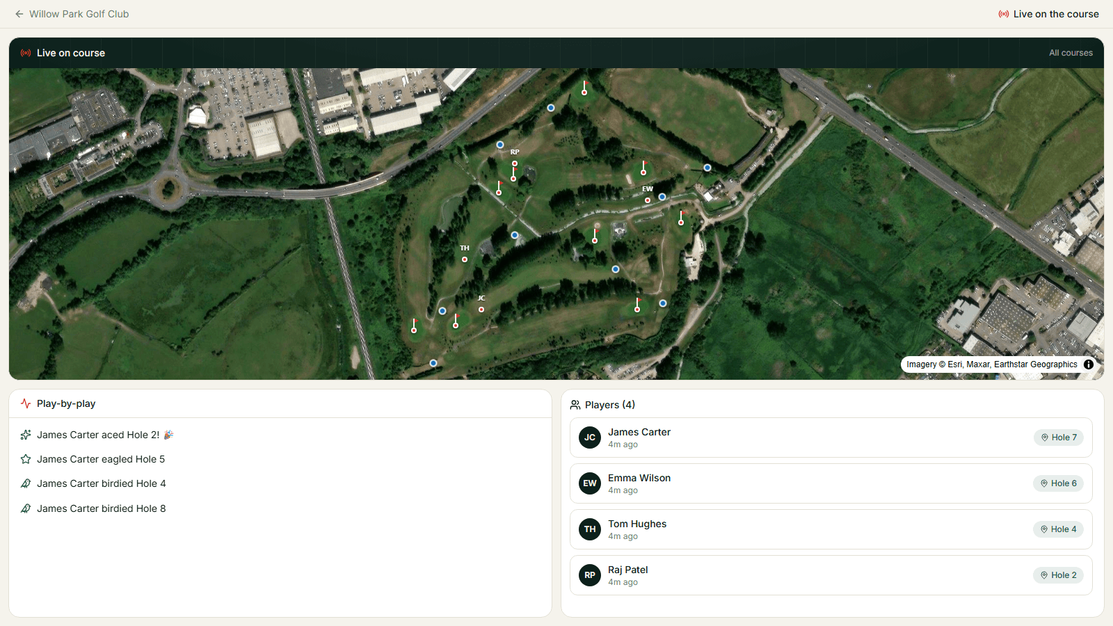 Live clubhouse wallboard showing players moving on a satellite map of the course, with a play-by-play feed
